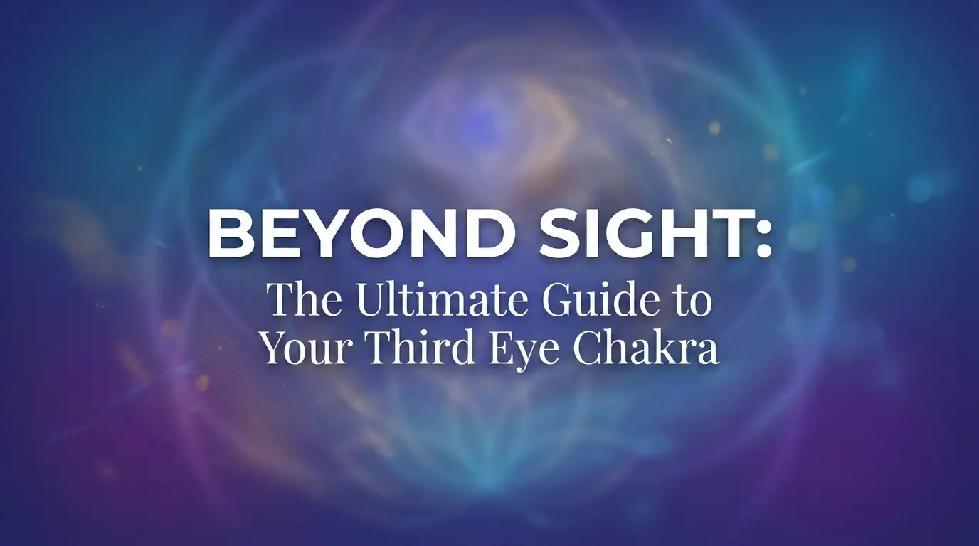 A serene person meditating with a glowing indigo light on the center of the forehead representing the Third Eye Chakra.