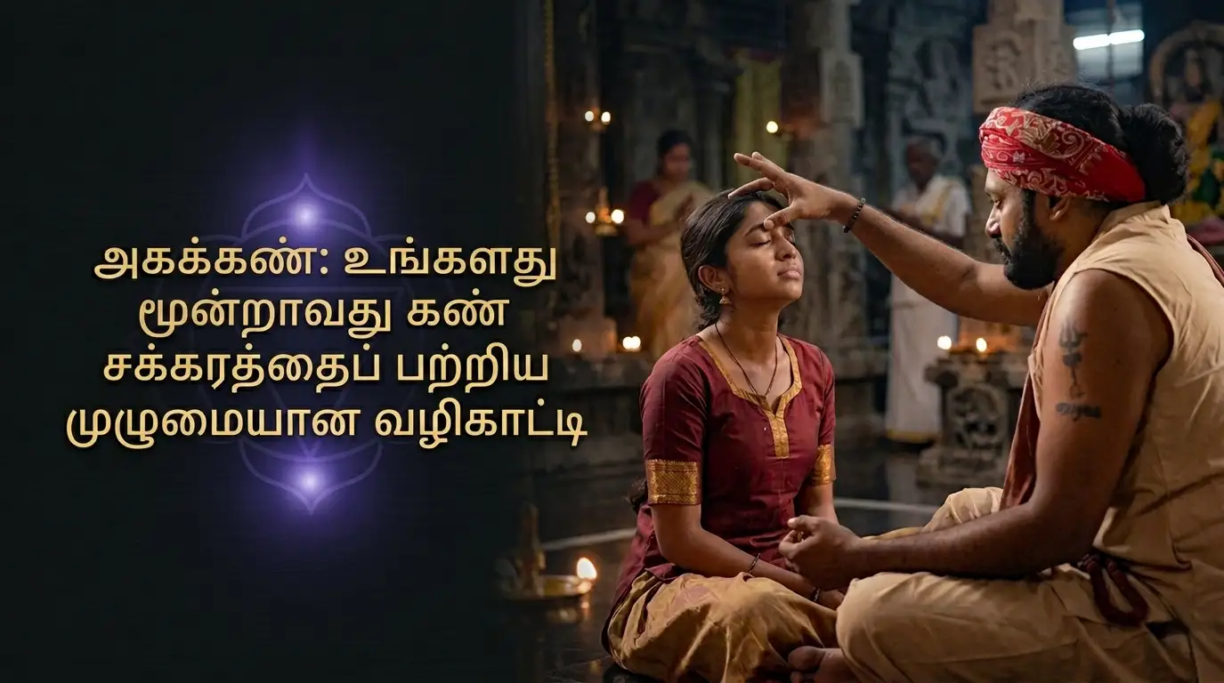 ஒரு நபர் தியானம் செய்யும் போது அவரது புருவ மத்தியில் கருநீல நிற ஒளி பிரகாசிப்பது போன்ற படம்.
