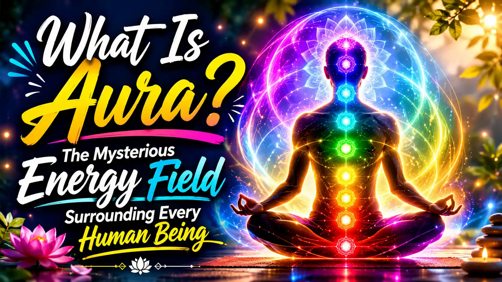 Person meditating surrounded by a colorful glowing aura energy field
