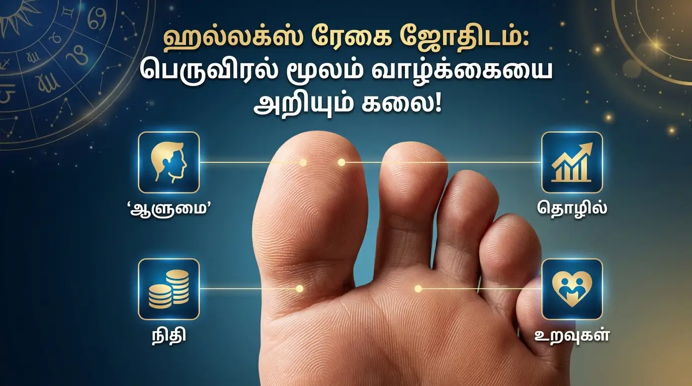 காலின் பெருவிரல் ரேகைகள் மற்றும் வடிவங்கள் மூலம் பலன் அறியும் ஹல்லக்ஸ் ரேகை ஜோதிட விளக்கப் படம்.