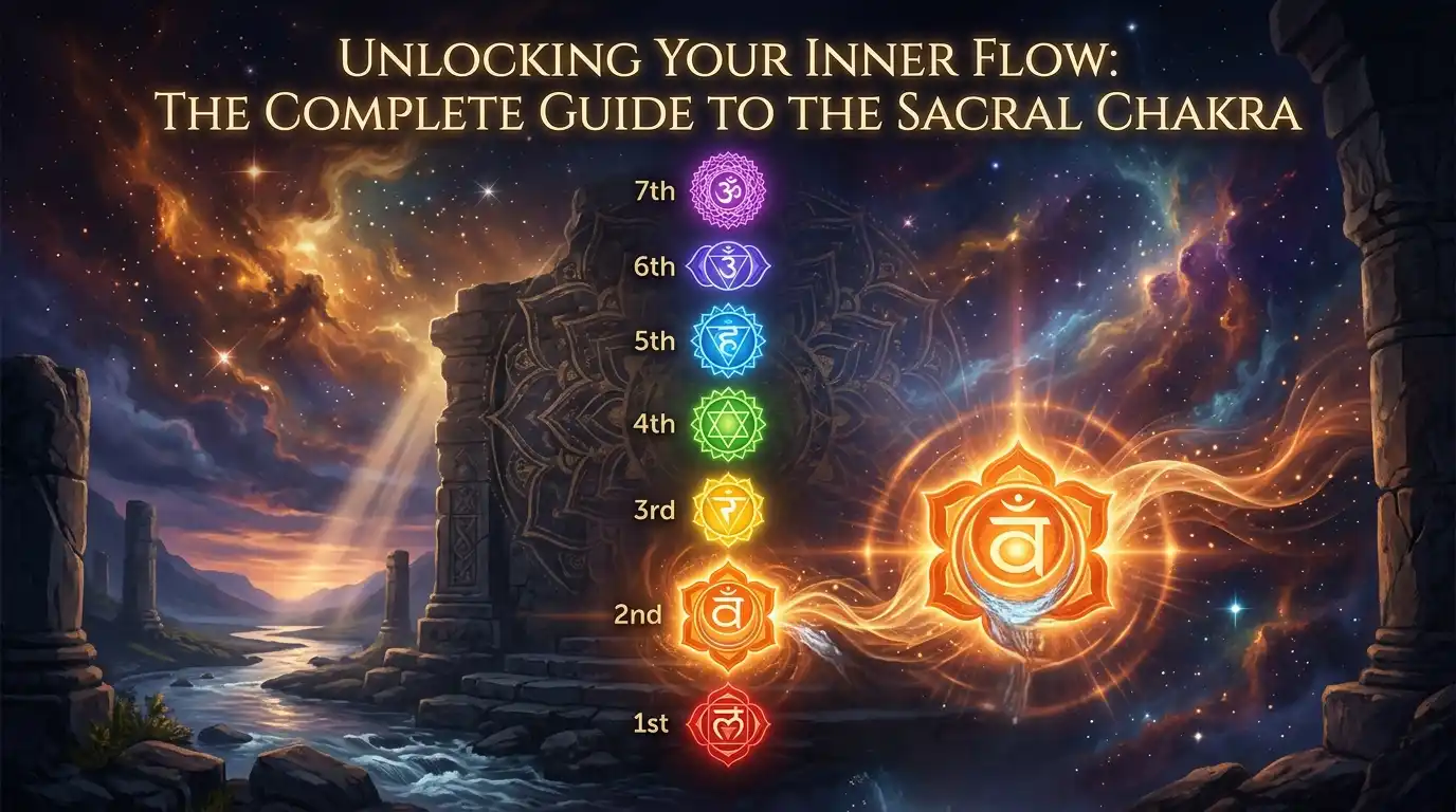 A person meditating outdoors showing a glowing orange light below the navel representing the Sacral Chakra.