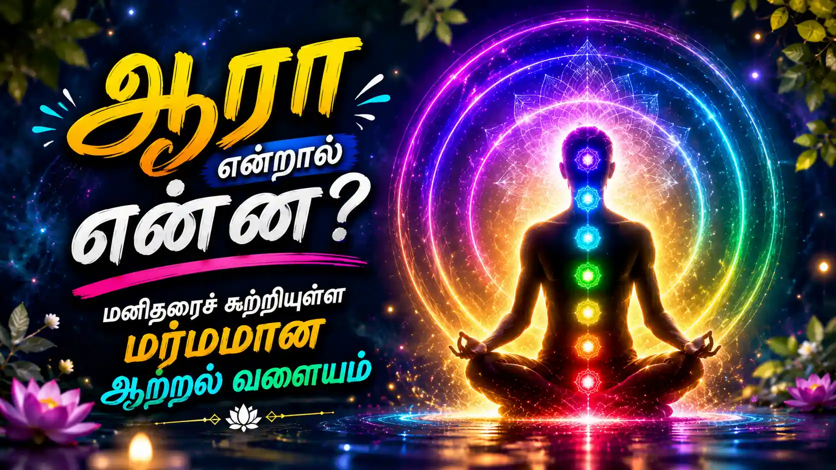 தியான நிலையில் அமர்ந்திருக்கும் நபரைச் சுற்றி வண்ணமயமான ஆரா ஆற்றல் வளையம்