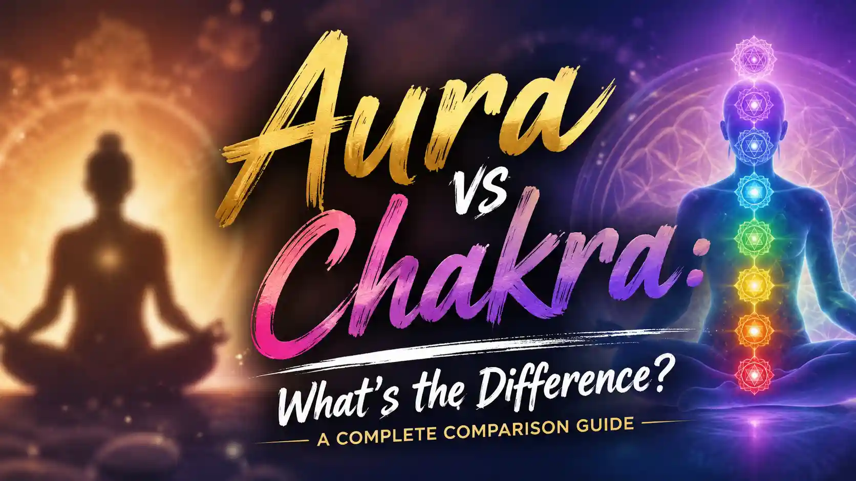 Aura vs Chakra comparison illustrating the human energy field and seven chakra energy centers.