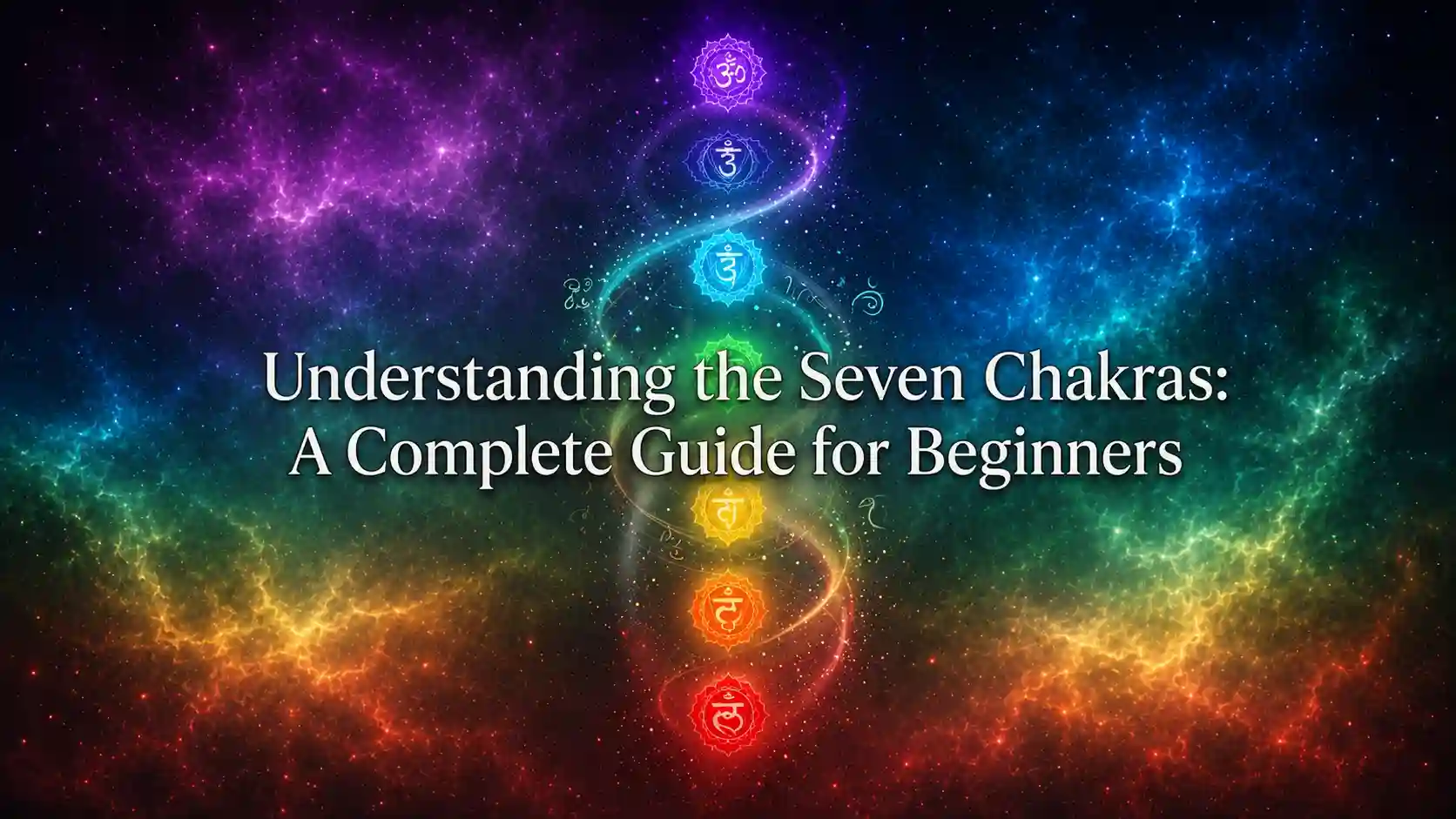 Illustration of the seven chakras aligned along the human body, showing their colors, locations, and interconnected energy flow.