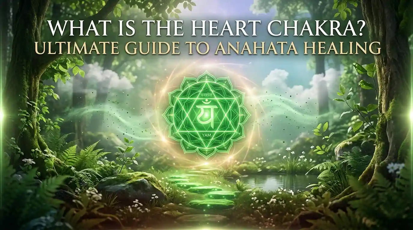 A person meditating in nature with a glowing green Heart Chakra symbol on their chest.