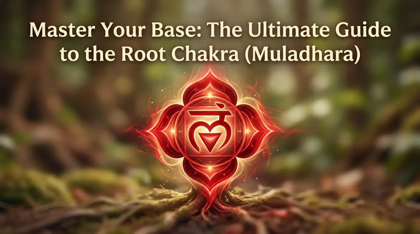 Vibrant red Root Chakra symbol glowing at the base of the spine for grounding energy.