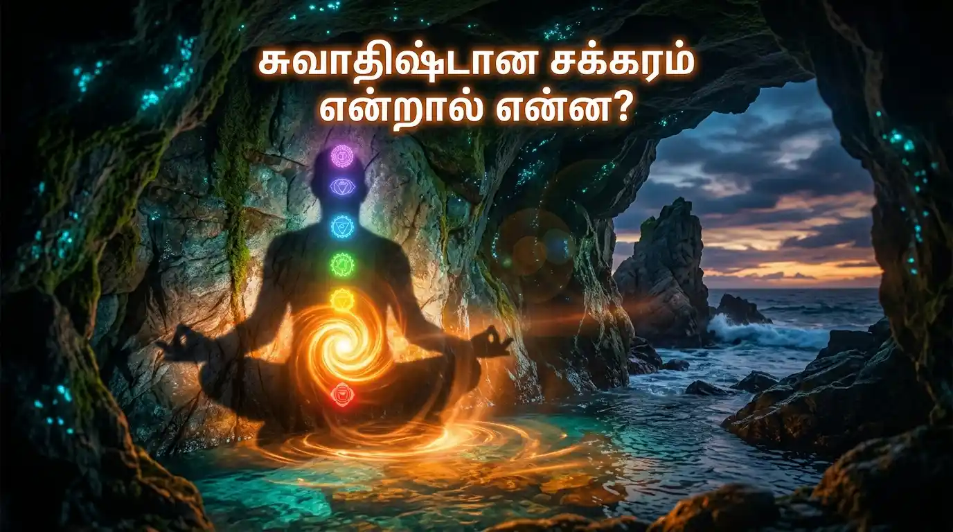 மனித நிழல் உருவத்தில் ஏழு சக்கரங்கள் மற்றும் ஆரஞ்சு நிறத்தில் முன்னிலைப்படுத்தப்பட்ட சுவாதிஷ்டான சக்கரம்.