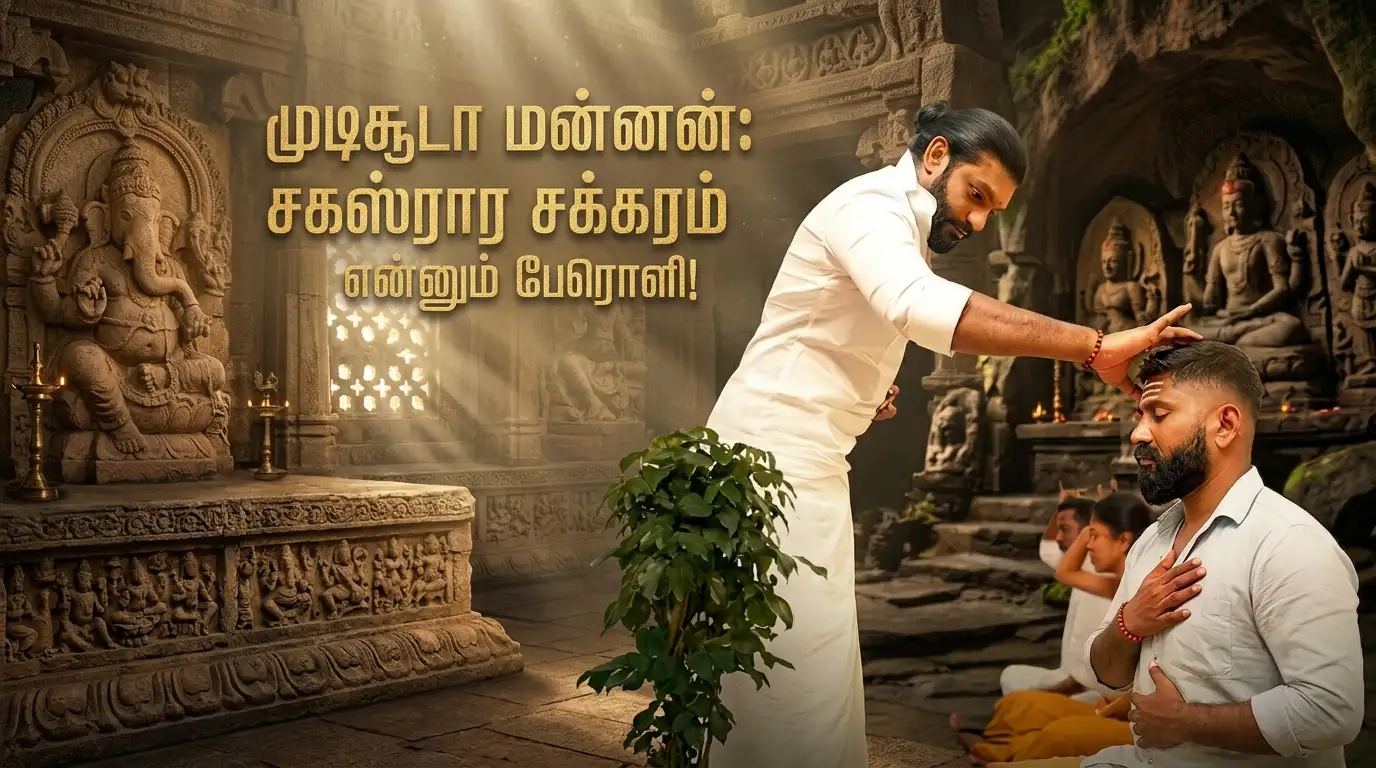 Head-ன் உச்சி பகுதியில் ஊதா நிற ஒளியுடன் தியானம் செய்யும் நபர் (Sahasrara Crown Chakra).