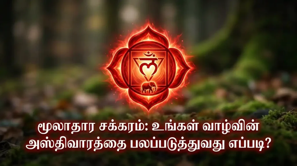 முதுகெலும்பின் அடிபாகத்தில் சிவப்பு நிறத்தில் ஒளிரும் மூலாதார சக்கரத்தின் சின்னம்.