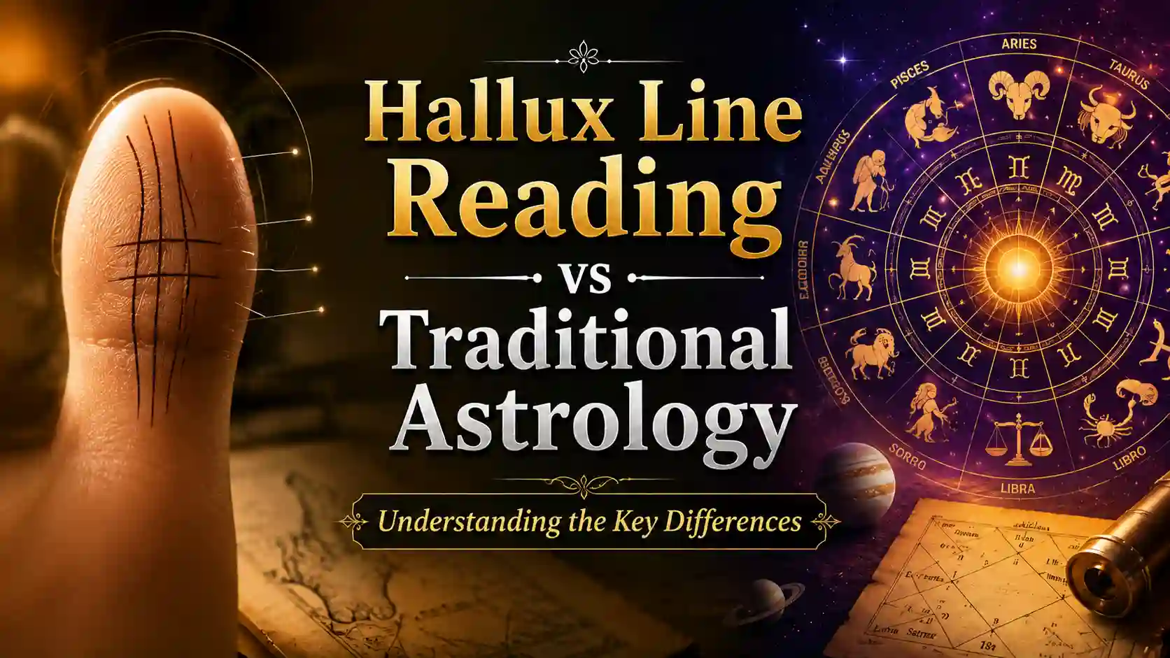Illustration comparing Hallux Line Reading of the big toe with a traditional astrology birth chart.