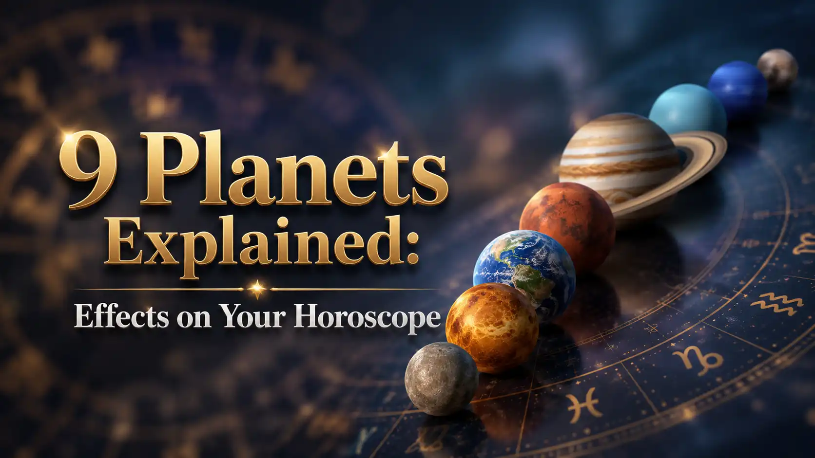 Illustration of the 9 planets in Vedic astrology with zodiac symbols representing horoscope influences.