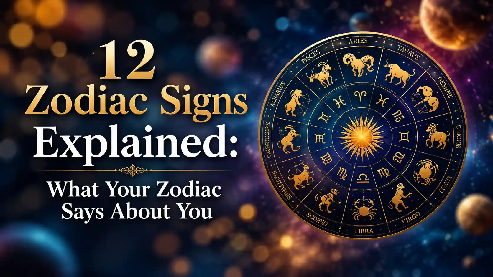 Illustration showing all twelve zodiac signs arranged in a celestial circle with glowing astrology symbols.