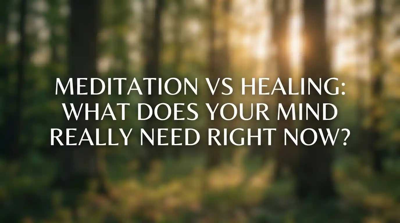 A split visual showing a person meditating peacefully on one side and an abstract representation of emotional healing and light on the other.