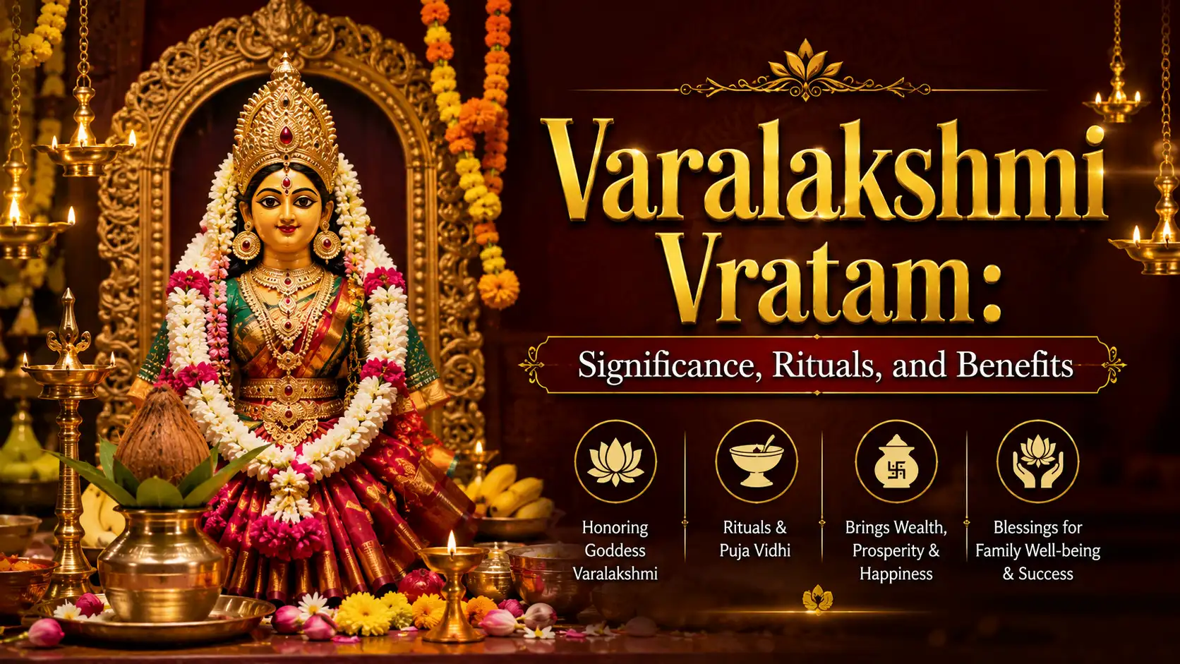 Decorated Varalakshmi Vratam puja Kalash representing Goddess Lakshmi