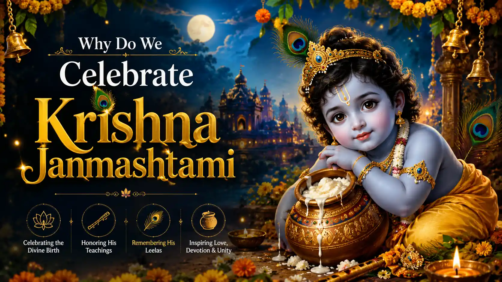Decorated idol of baby Lord Krishna in a cradle for Janmashtami celebrations.