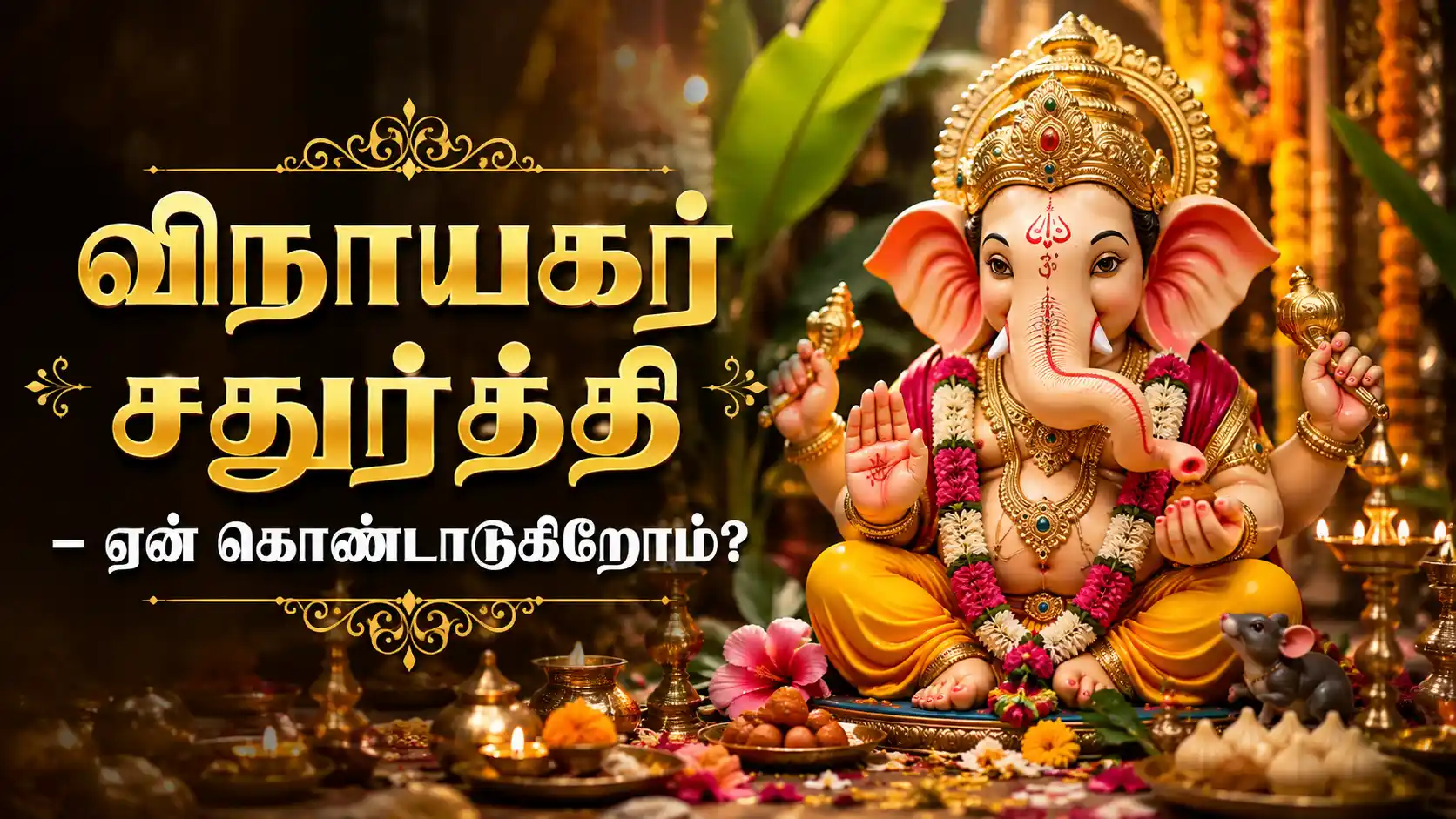 களிமண்ணால் செய்யப்பட்ட விநாயகர் சிலை அருகம்புல் மற்றும் பூக்களால் அலங்கரிக்கப்பட்டுள்ளது.