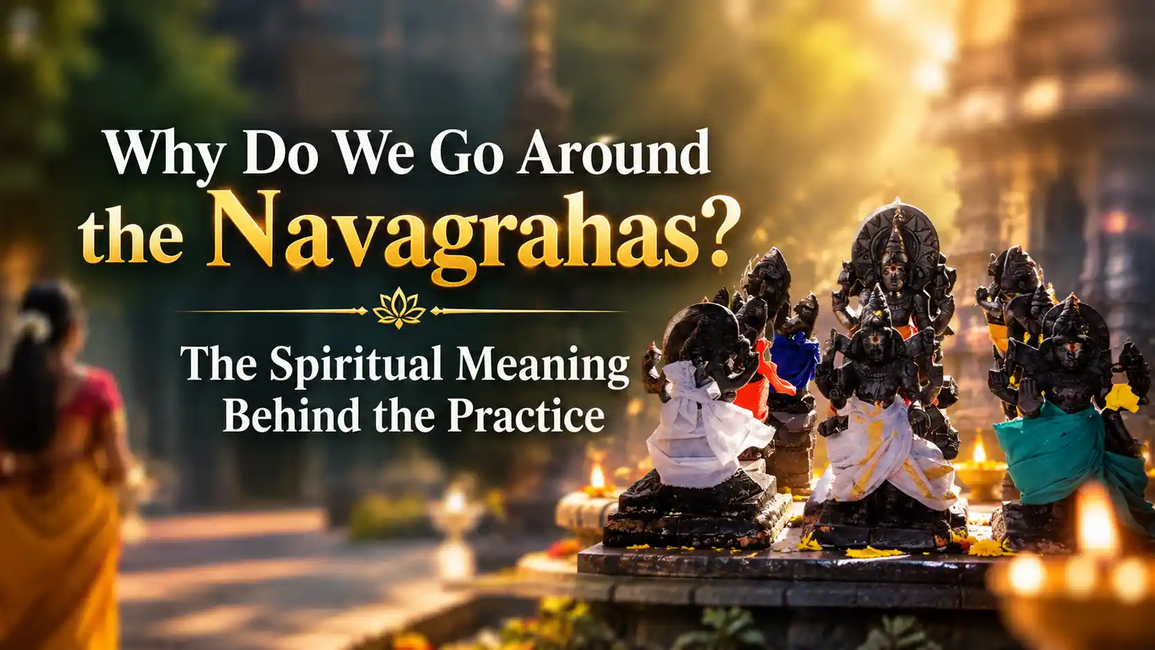 Devotee performing pradakshina around a Navagraha shrine in a Hindu temple