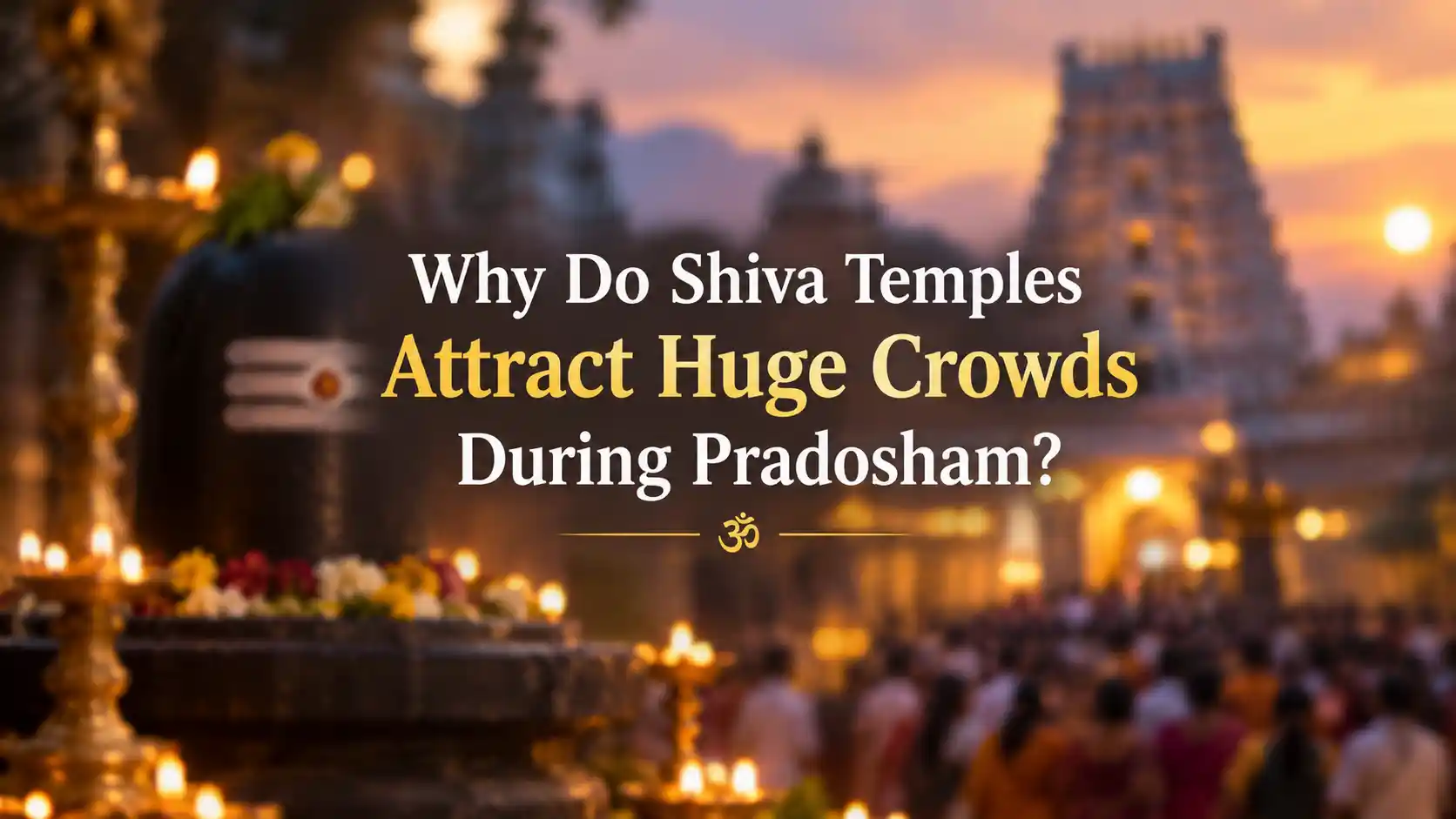 A bustling Shiva temple during Pradosham featuring the sacred Nandi statue decorated with flowers