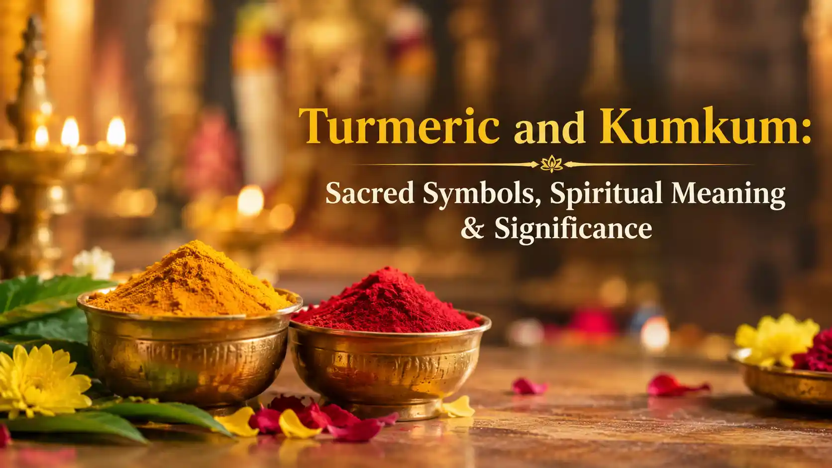 Golden turmeric powder and red kumkum placed together on a traditional puja thali