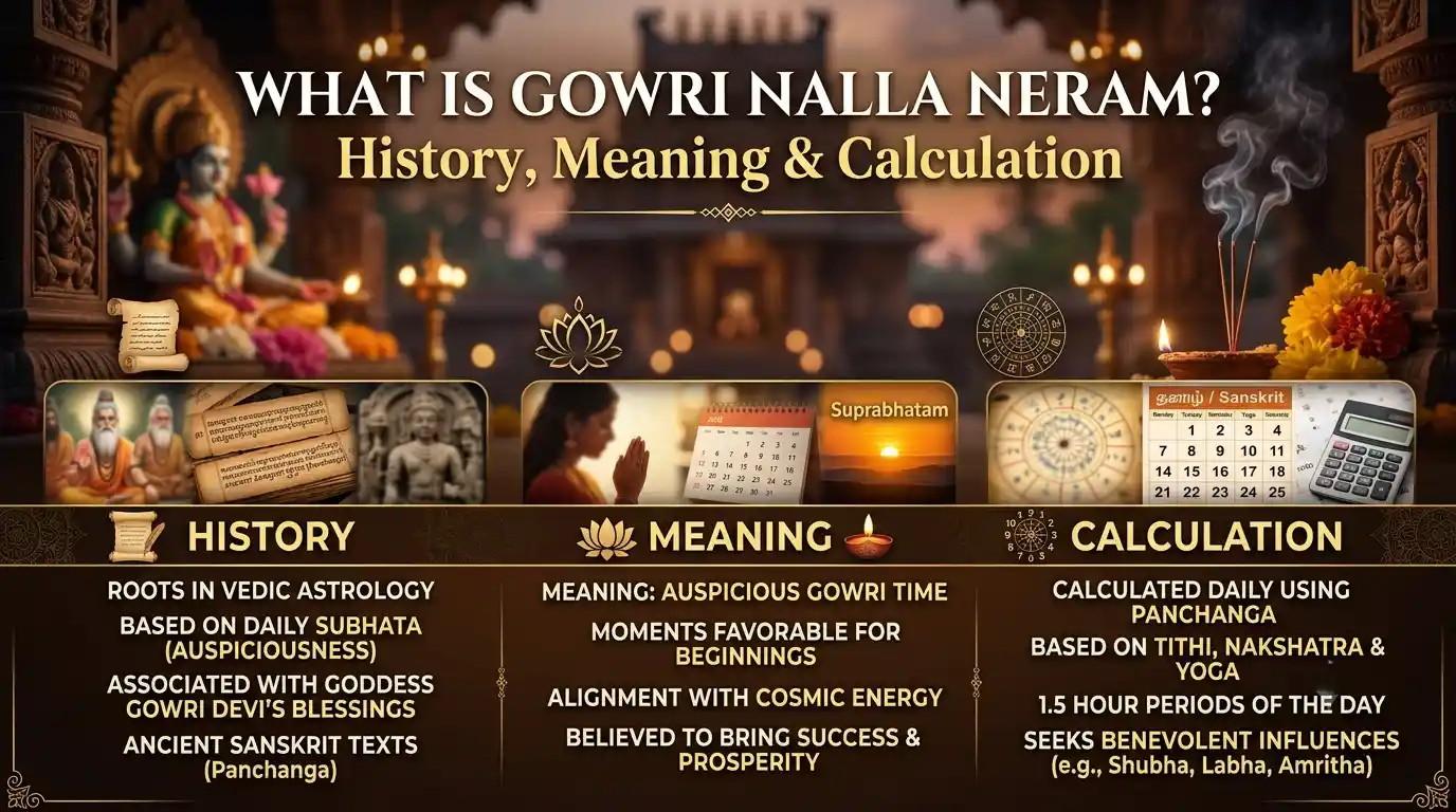 Traditional brass lamp and Panchangam calendar representing Gowri Nalla Neram