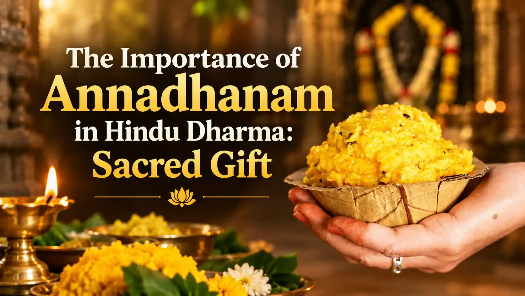 Devotees being served traditional meals on banana leaves as part of Annadhanam in a Hindu temple.