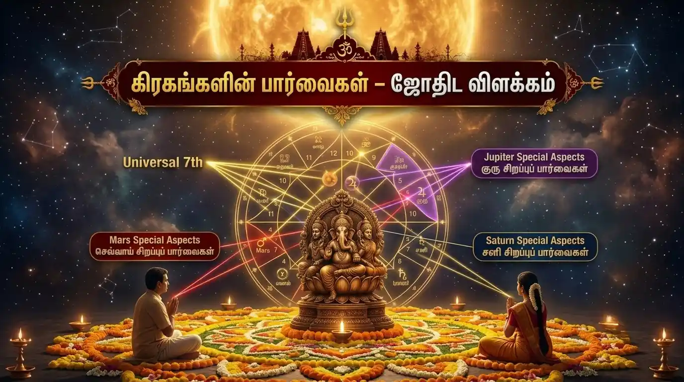 வேத ஜோதிடத்தில் கிரகப் பார்வைகள், செவ்வாய், குரு மற்றும் சனியின் சிறப்புப் பார்வைகளைக் காட்டும் ஜாதகச் சக்கரம்.