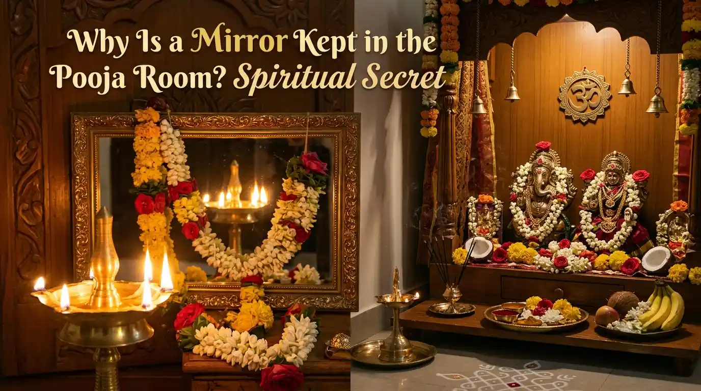 A glowing traditional oil lamp and deity idols reflected in a mirror placed inside a serene pooja room
