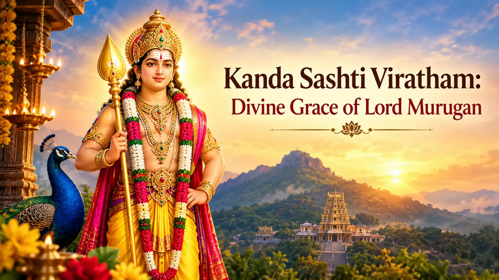 Lord Murugan with sacred Vel standing gracefully beside his peacock mount