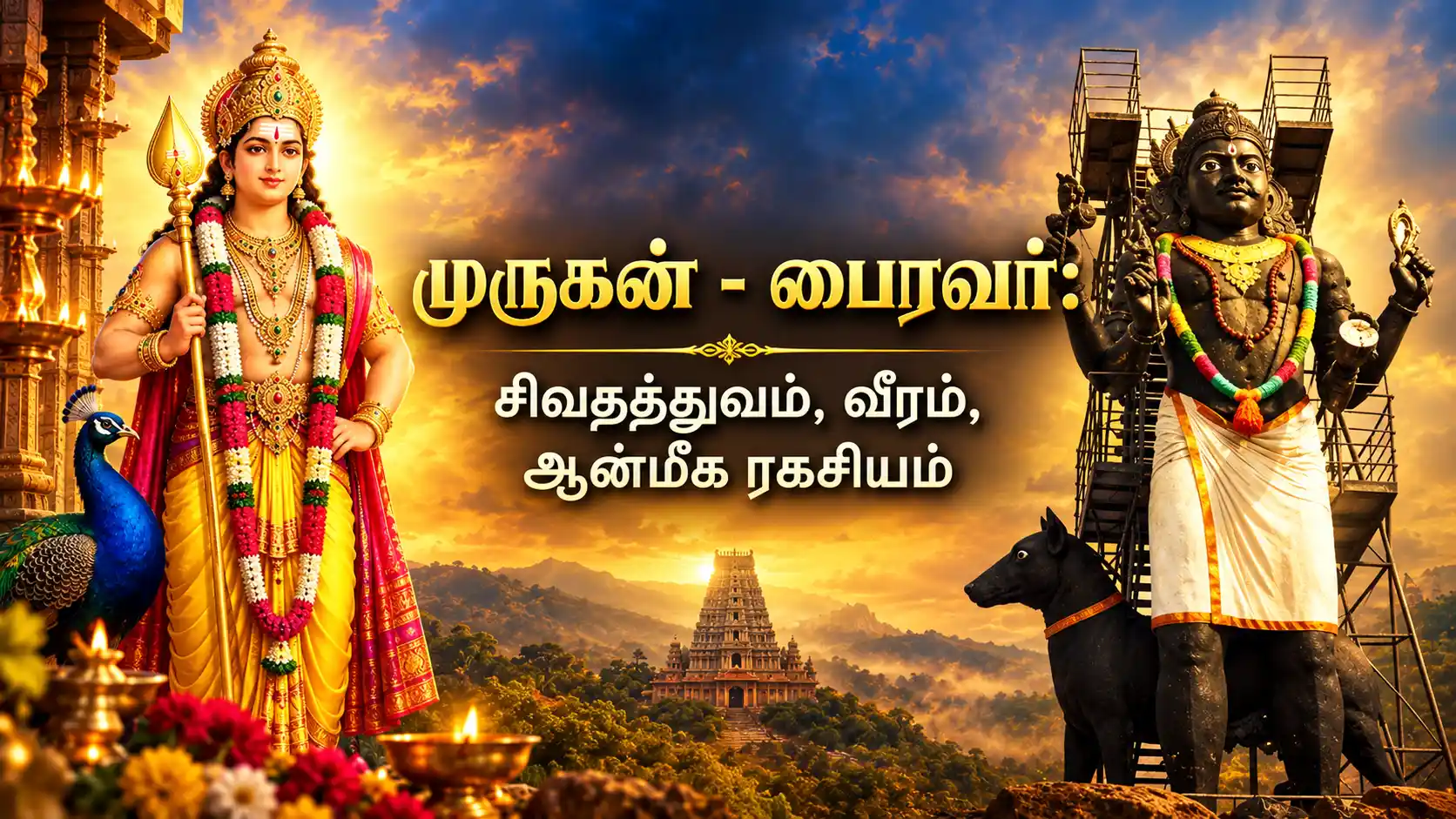வேல் ஏந்திய முருகப்பெருமான் மற்றும் நாய் வாகனத்துடன் திகழும் பைரவரின் தெய்வீகத் தோற்றம்