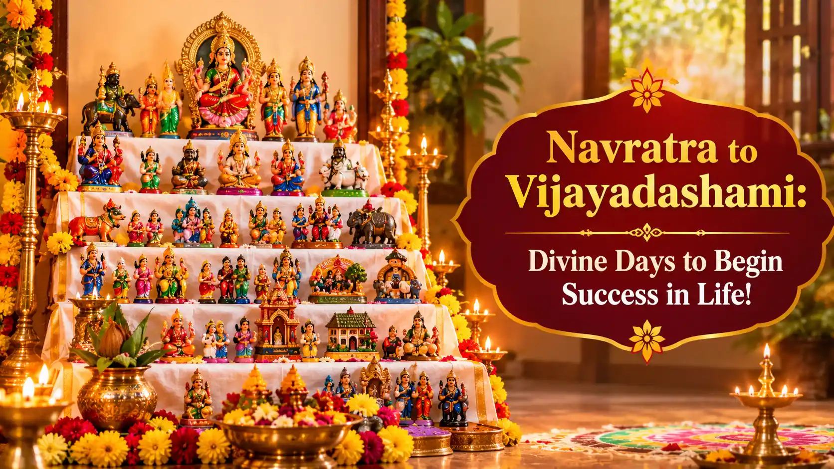 Traditional Navratri Golu display with dolls, lamps, and flowers in a festive home setting.