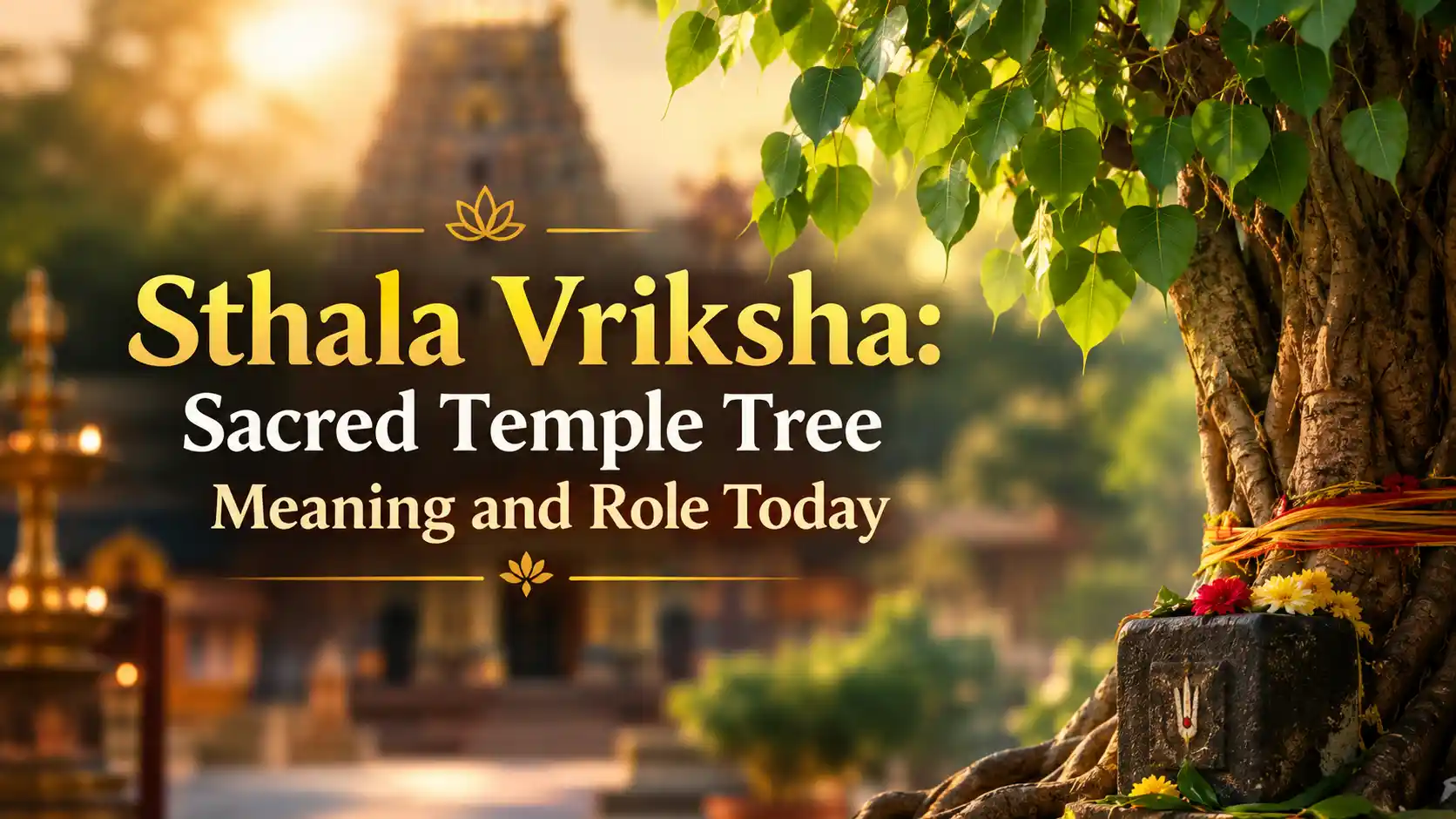 Sacred Sthala Vriksha tree growing on a stone platform inside a traditional Hindu temple courtyard