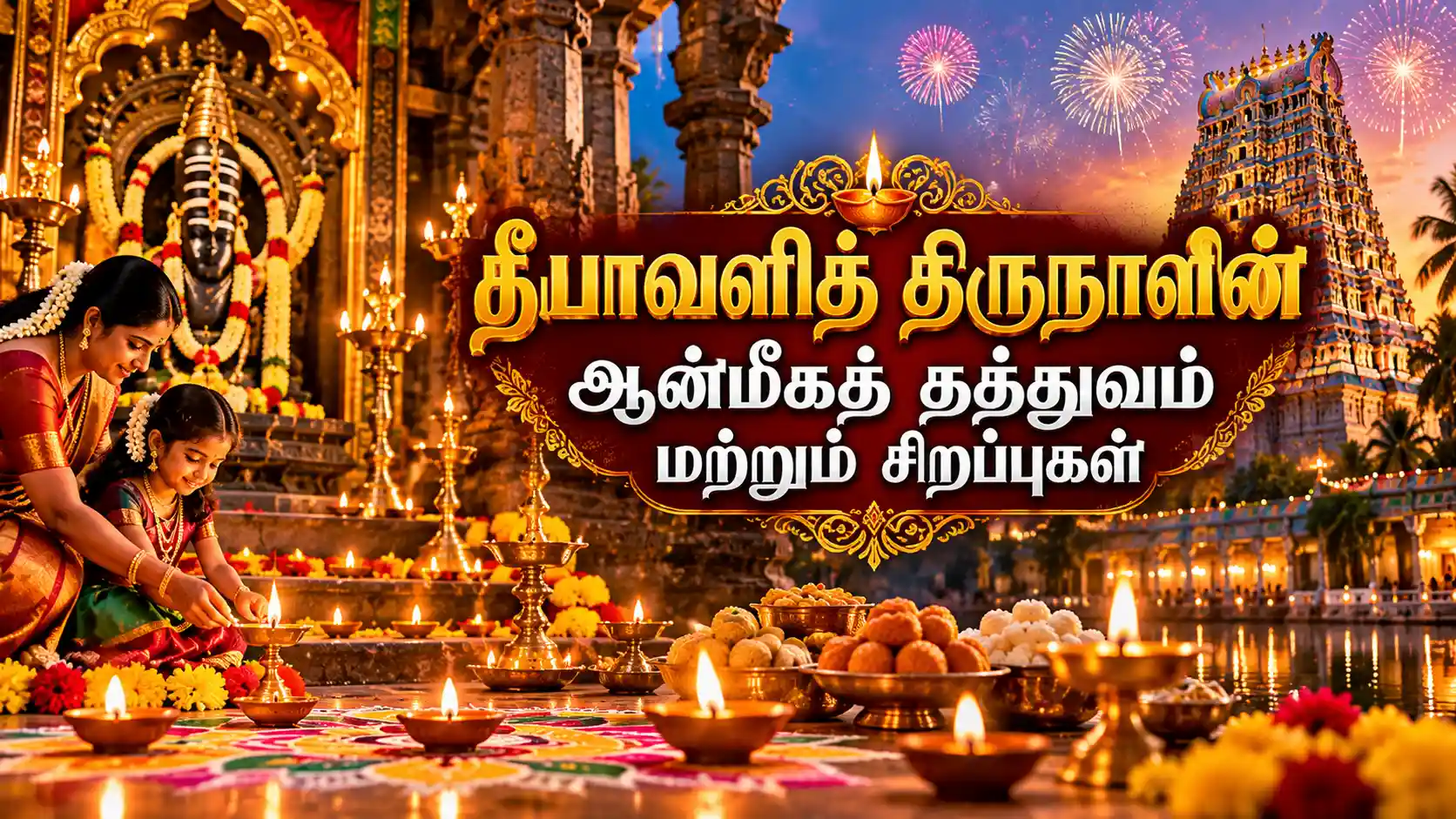 தீபாவளித் திருநாளின் ஆன்மீகத் தத்துவத்தை உணர்த்தும் பாரம்பரிய அகல் விளக்குகள் மற்றும் கோவில் வழிபாட்டுக் காட்சி