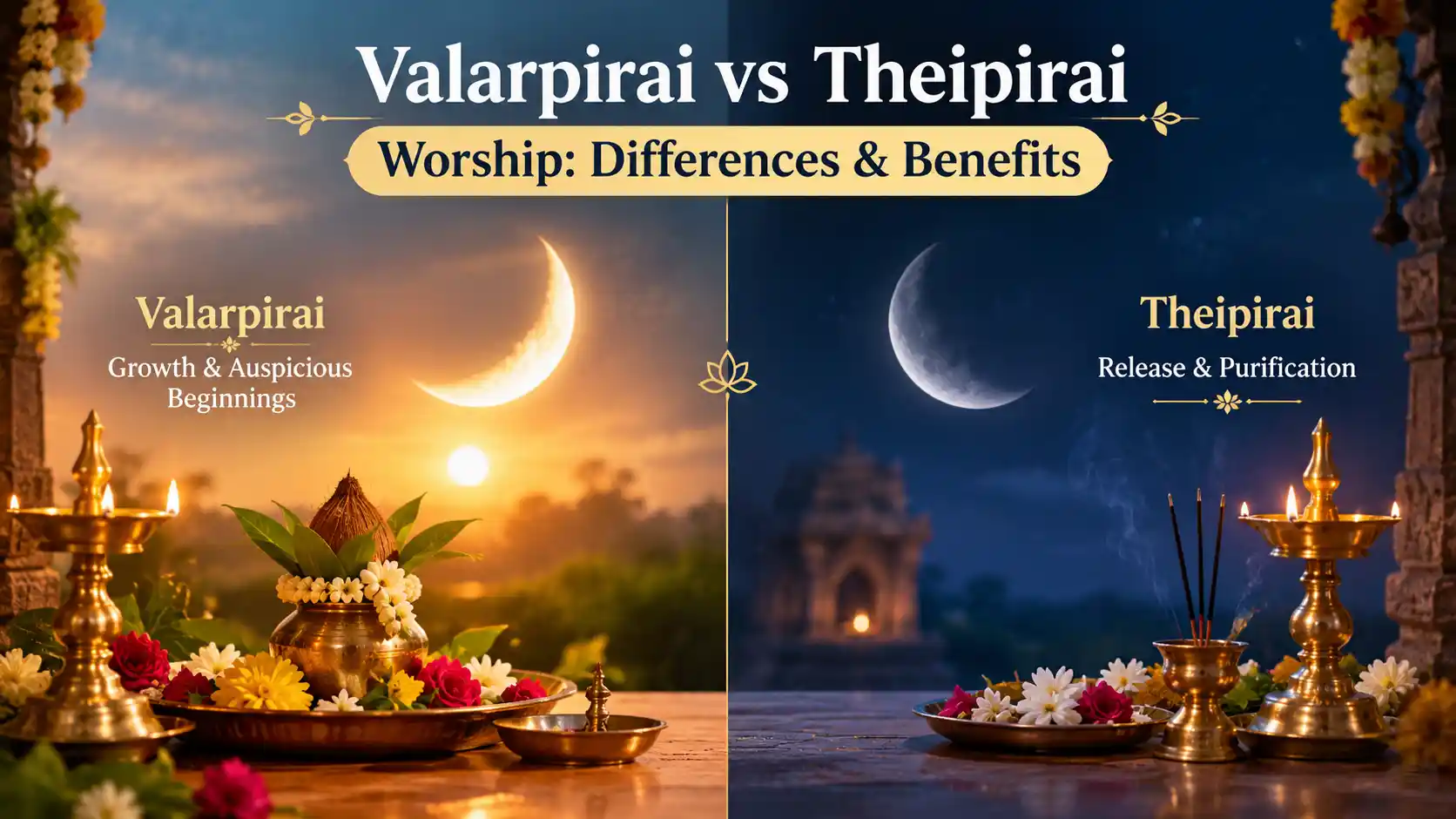 Illustration representing Valarpirai waxing moon and Theipirai waning moon with traditional Hindu puja setup
