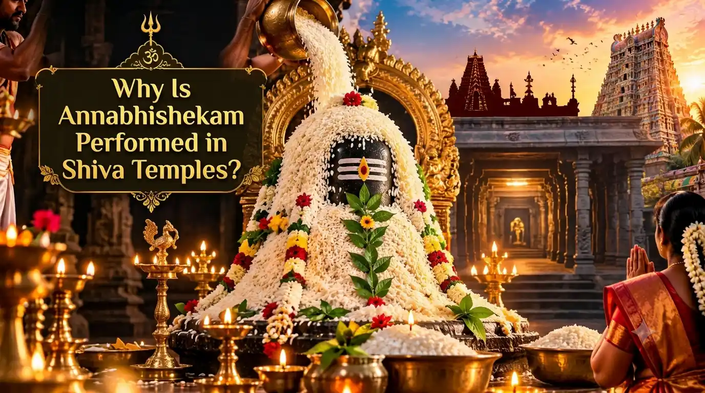 Shiva Lingam decorated with cooked rice and flowers during Aippasi Annabhishekam in a South Indian Shiva temple.