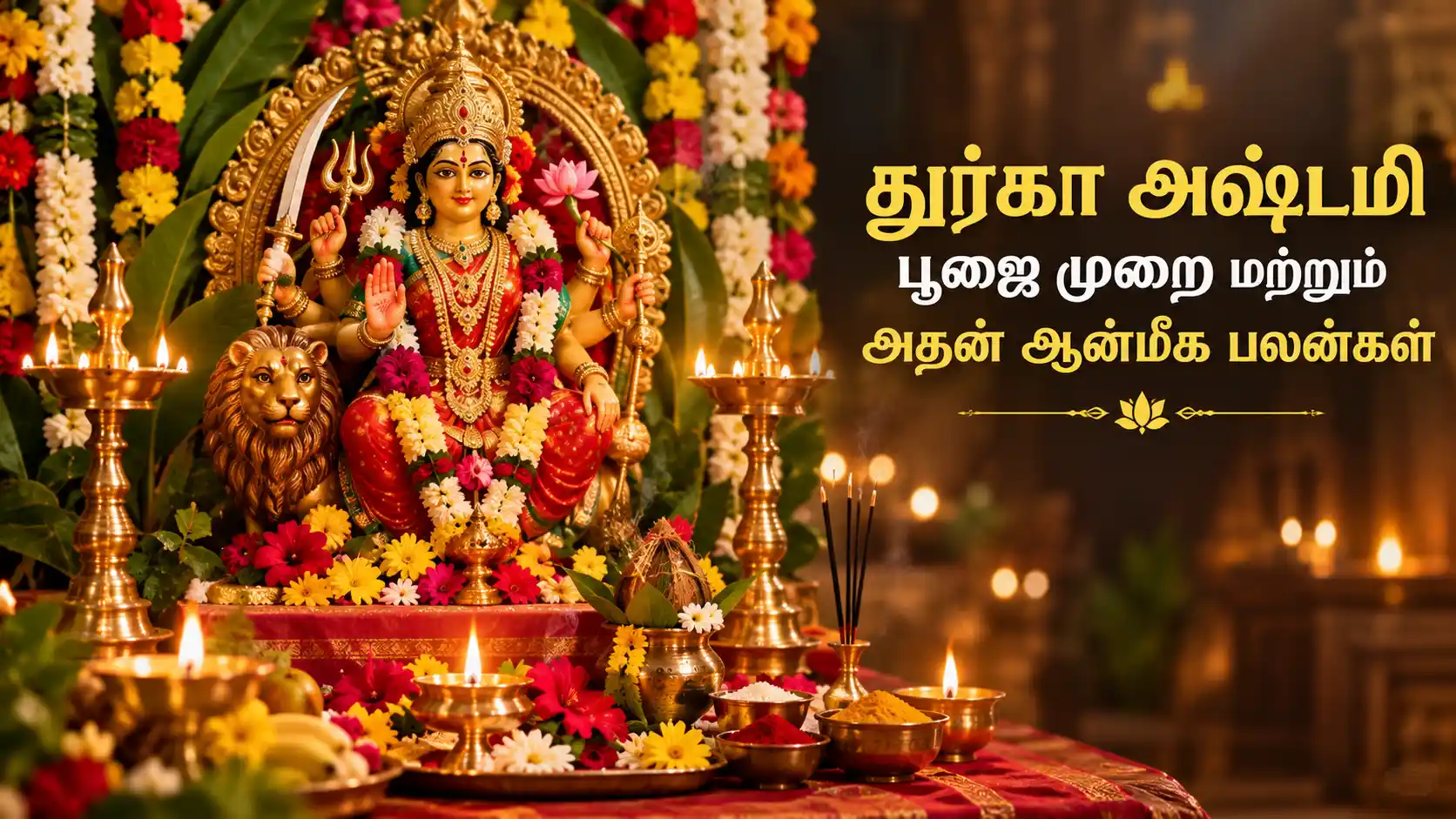 துர்கா அஷ்டமி நாளில் மலர்கள் மற்றும் விளக்குகளுடன் அலங்கரிக்கப்பட்ட துர்கை அம்மன் பூஜை