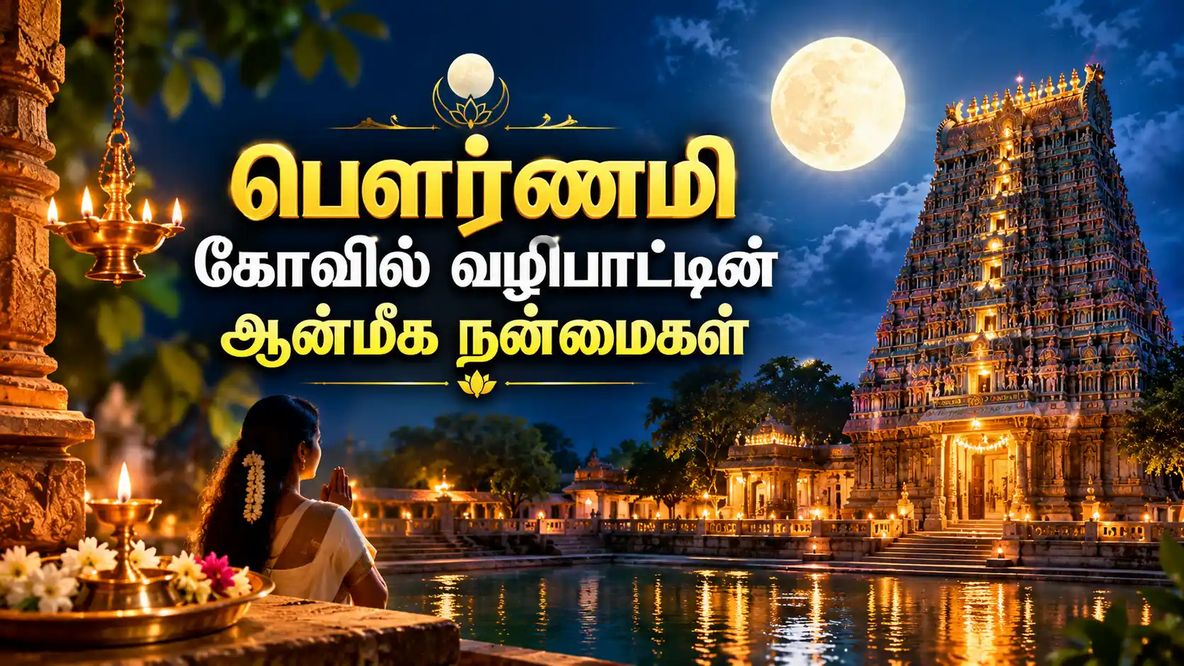 பௌர்ணமி முழு நிலவு ஒளியில் தென்னிந்திய கோவில் கோபுரம்