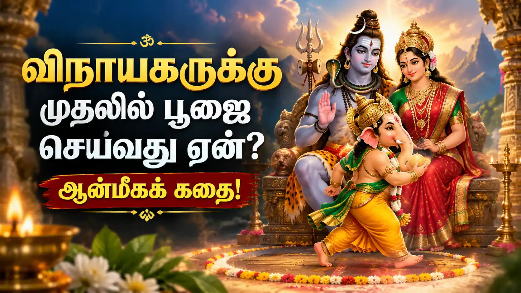 Lord Ganesha circumambulating Shiva Parvati under celestial background for first worship