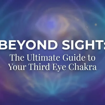 A serene person meditating with a glowing indigo light on the center of the forehead representing the Third Eye Chakra.