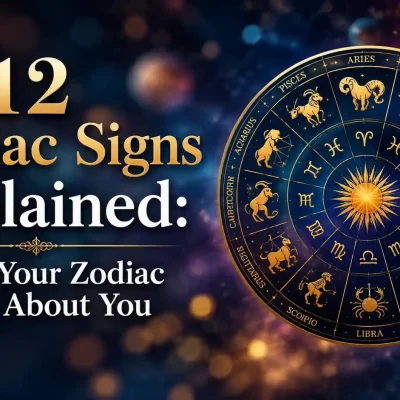 Illustration showing all twelve zodiac signs arranged in a celestial circle with glowing astrology symbols.