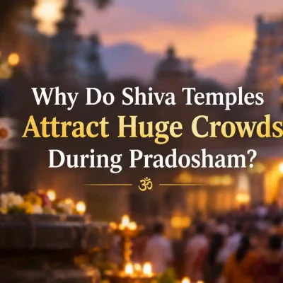 A bustling Shiva temple during Pradosham featuring the sacred Nandi statue decorated with flowers