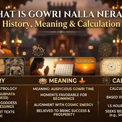Traditional brass lamp and Panchangam calendar representing Gowri Nalla Neram