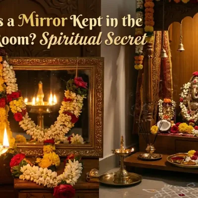A glowing traditional oil lamp and deity idols reflected in a mirror placed inside a serene pooja room