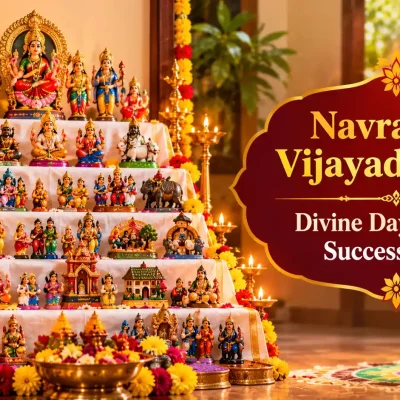 Traditional Navratri Golu display with dolls, lamps, and flowers in a festive home setting.