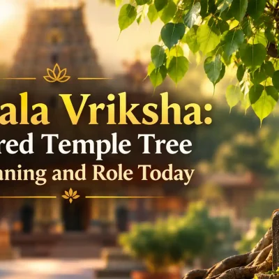 Sacred Sthala Vriksha tree growing on a stone platform inside a traditional Hindu temple courtyard