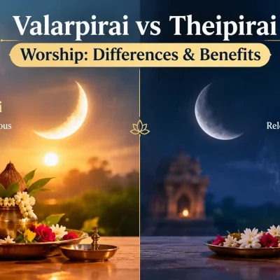 Illustration representing Valarpirai waxing moon and Theipirai waning moon with traditional Hindu puja setup