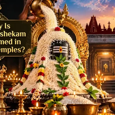 Shiva Lingam decorated with cooked rice and flowers during Aippasi Annabhishekam in a South Indian Shiva temple.