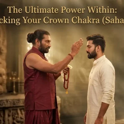 A person meditating with a glowing violet Sahasrara or Crown Chakra light at the top of the head.