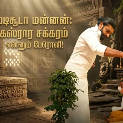 Head-ன் உச்சி பகுதியில் ஊதா நிற ஒளியுடன் தியானம் செய்யும் நபர் (Sahasrara Crown Chakra).